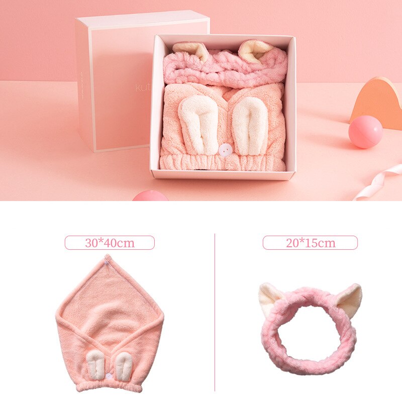 Roze Meisjes Droog Haar Cap Verdikte Water-Absorberende Sneldrogende Coral Fleece Badmuts Wassen Gezicht Hoofdband Set voor Make-Up Remover: PINK