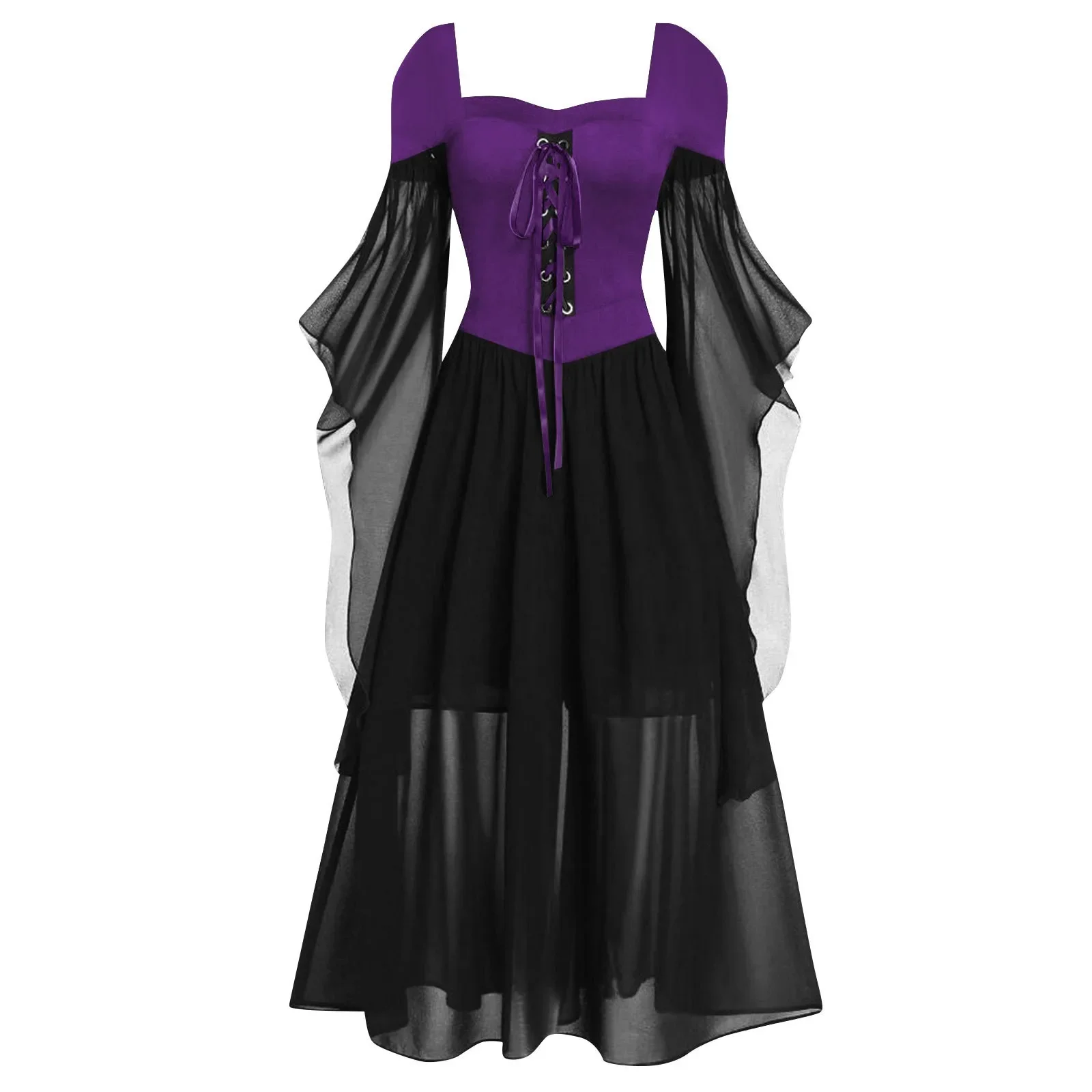 2024 Medieval Witch Dress For Women Halloween Carnival Women Plus Size Cold Shoulder Butterfly Sleeve Halloween Gothic Dress: S / SKY BLUE