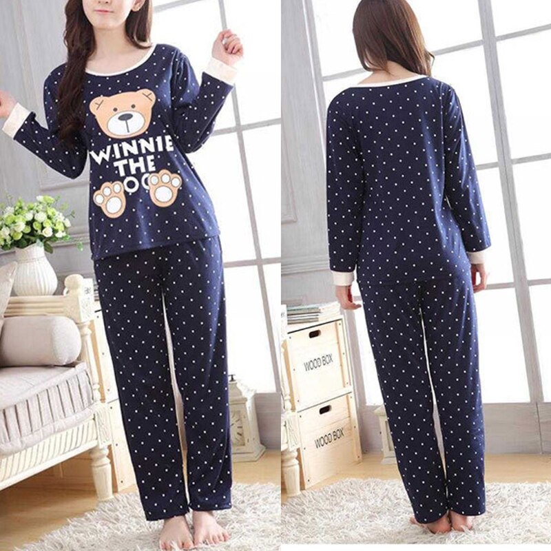 Women Long Sleeve Bear Print Tops And Pants Wave Point Pajamas Set Sleepwear JUN14