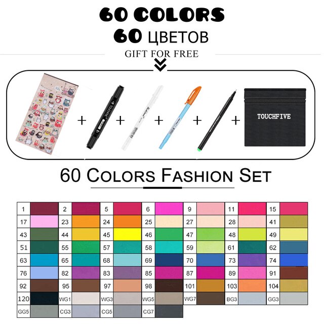 TouchFIVE 168 couleurs huileux à base d'alcool Art marqueurs ensemble double tête croquis marqueur artiste pinceau stylo pour Manga eau couleur stylos: 60 color fashion
