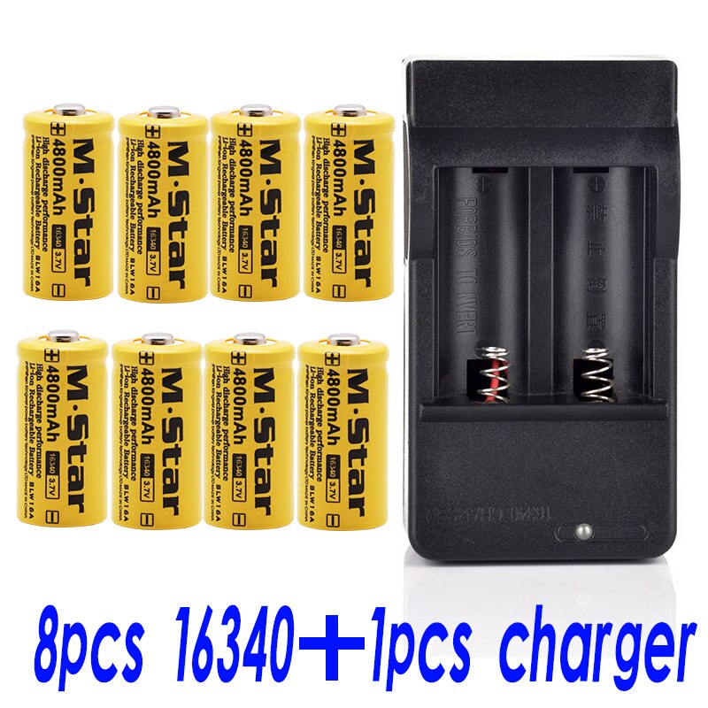 4800mAh rechargeable 3.7V Li-ion 16340 batteries CR123A battery for LED flashlight wall charger, travel for 16340 CR123A battery: 8pcsandcharger