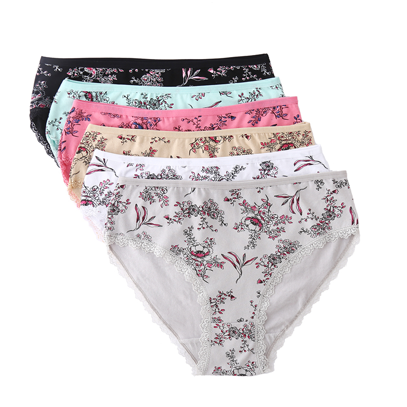 6pcs/lot cotton underwear women high waist lace briefs floral printed panties plus size panties for women 2xl 3xl 4xl: XXL