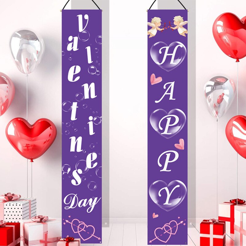 ZL 2 PCS Valentines Day Decorations Purple Banners Door Porch Sign Hanging Love Heart Streamers Wall Decor Party Supplies
