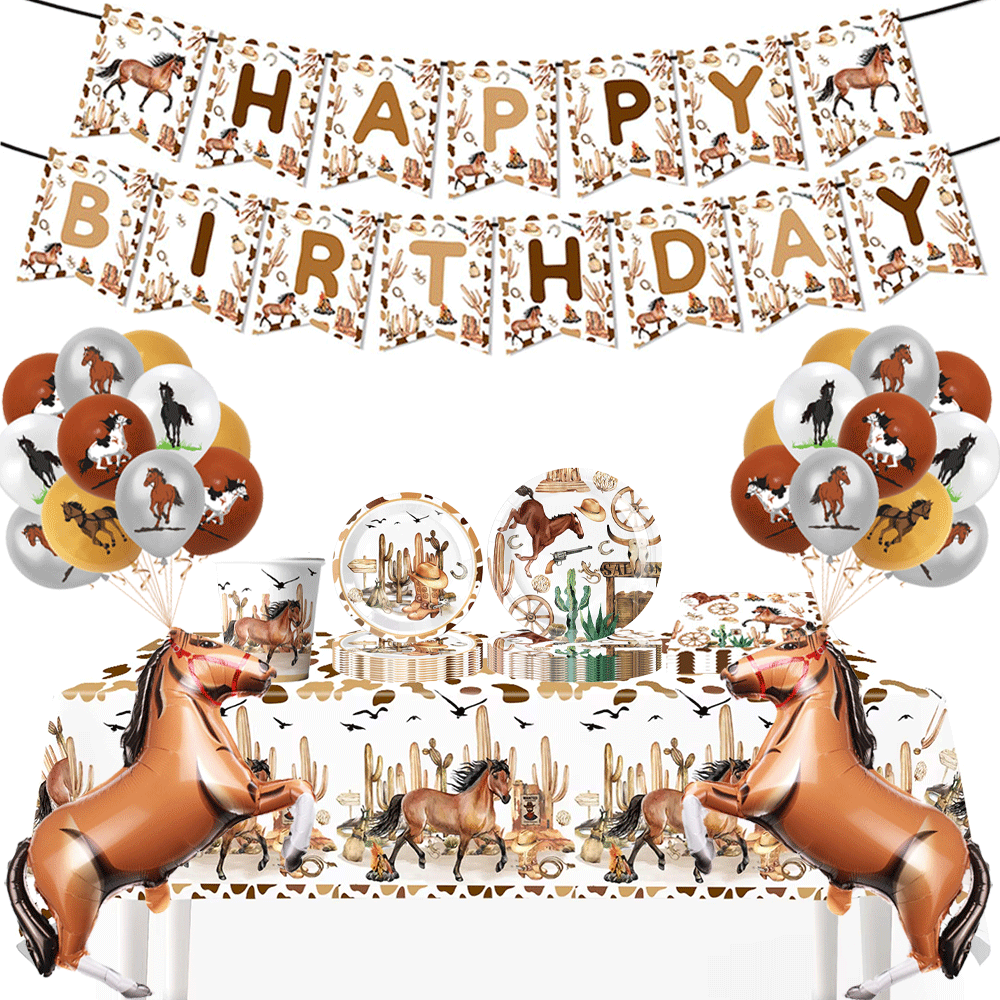 Cowboy Party Decorations Tableware Tablecloth Banner Cowboy Hat Boot Horse Balloons Wild West Cowboy Birthday Rodeo Party Favors
