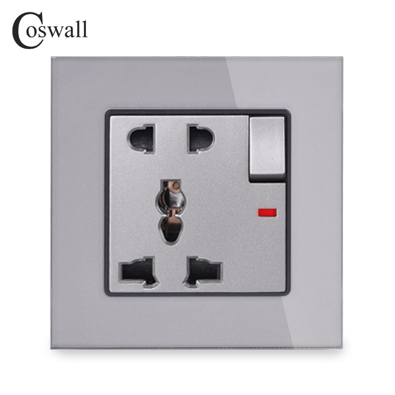 COSWALL Glass Panel 1 Gang 13A Universal 5 Hole Switched Socket With Neon Grounded With Children Protective Door C1 Series: Grey