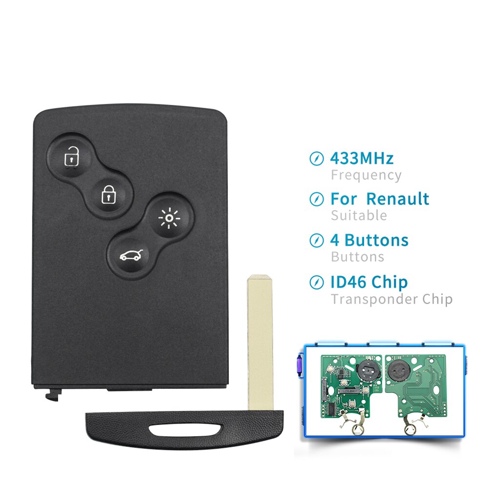 Dandkey For Renault Megane Scenic Laguna Koleos Clio Remote Key Smart Card Car Key 4 Buttons Fob 433MHZ PCF7952 Chip: 4A Hitag AESpcf7953M