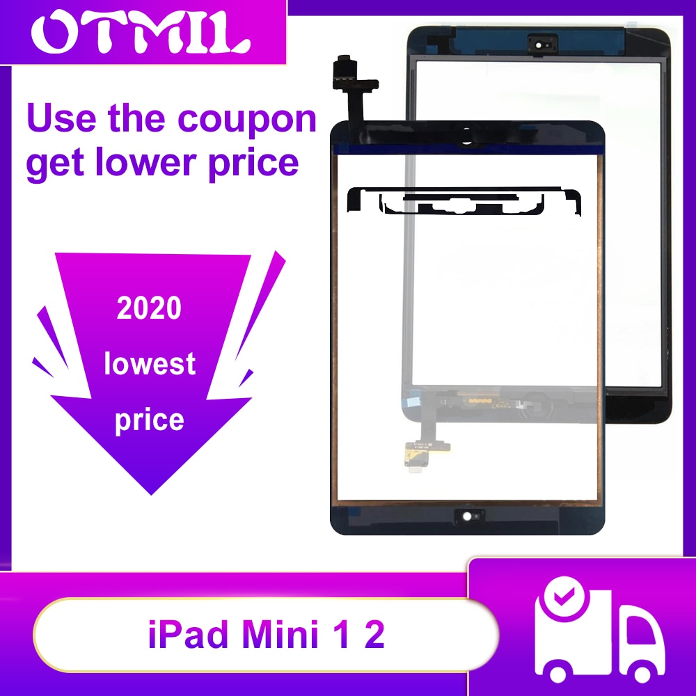 Qualidade original para ipad mini 1 2 a1432 a1454 a1455 a1489 a1490 a1491, touch screen digitizer, sensor de substituição + botão chave