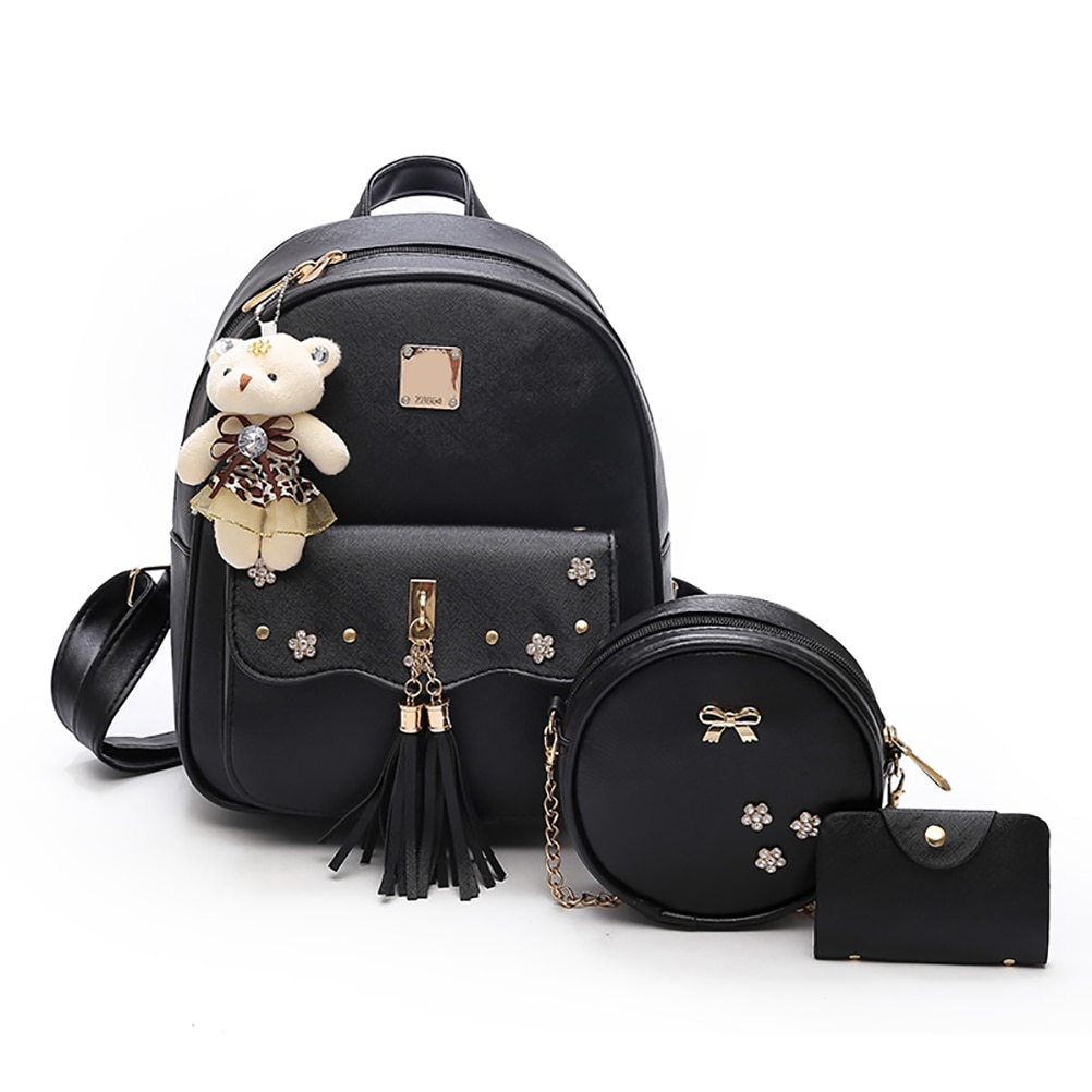 3PCS Frauen Rucksack Set Nette PU Leder Quaste Schule Taschen Für Teenager Mädchen Weibliche Rucksack Schulter Tasche Geldbörse: Black