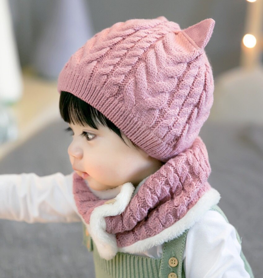 Peuter kinderen baby jongen meisje capuchon sjaal muts muts winter warme gebreide flap sjaal: Roze