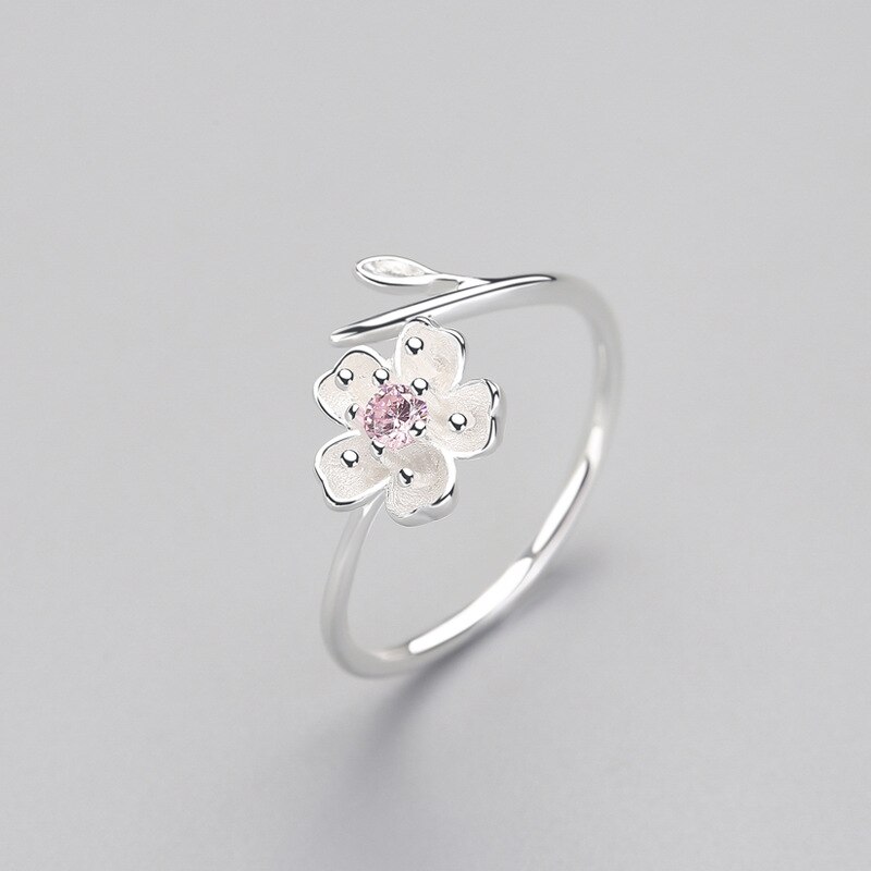 Real 925 Sterling Silver Zircon Enamel Plum Flower Adjustable Ring Fine Jewelry For Women Romantic Party Bijoux