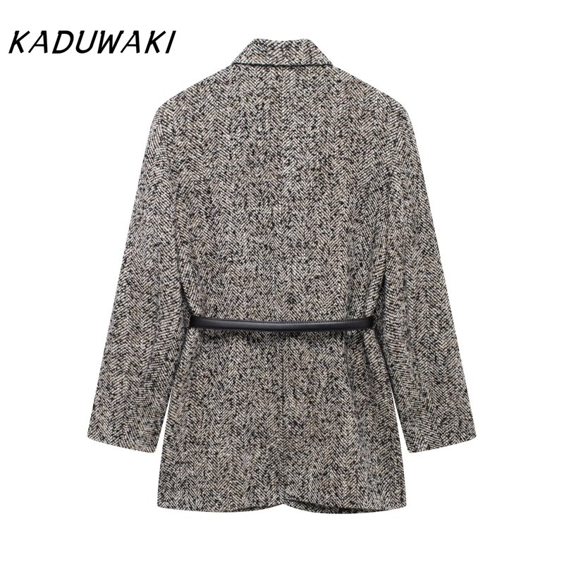 KADUWAKI Cappotto strutturato grigio a maniche lunghe con risvolto retrò Classico blazer versatile per pendolari allentato con cintura Куртка Ж gessi¢юшоном