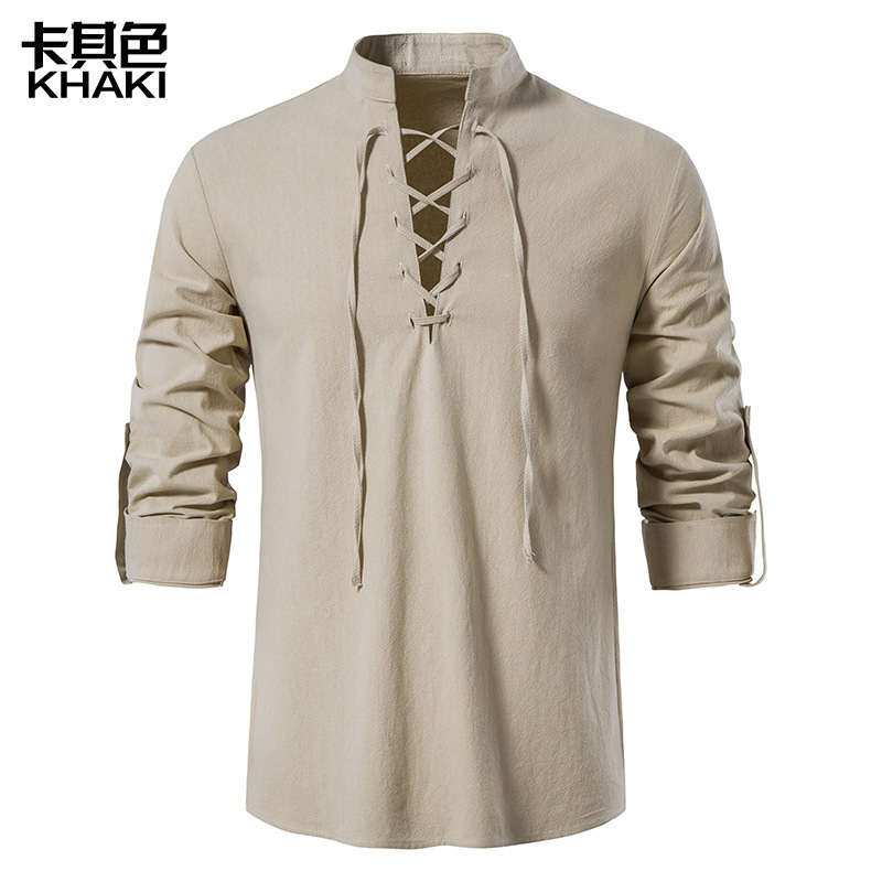 Men's Casual Blouse Cotton Linen Shirt Tops Long Sleeve Tee Shirt Spring Autumn Slanted Placket Vintage Yoga Shirts: XXXL / Khaki