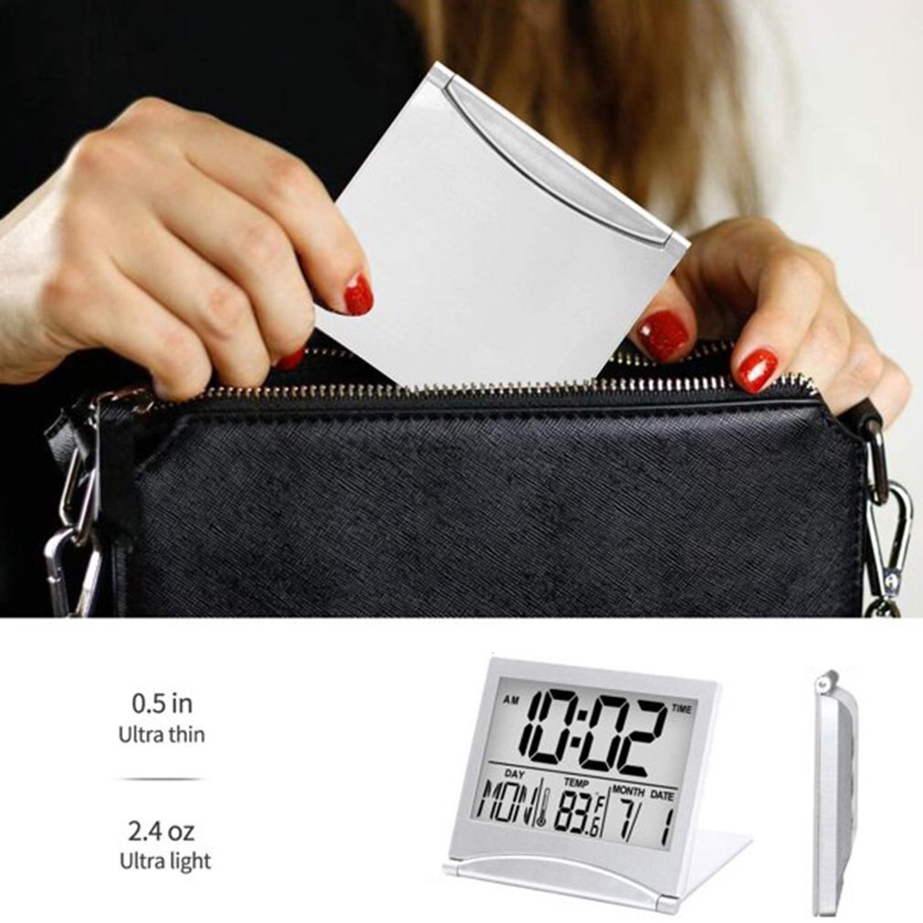 Digital Alarm Clock Foldable LCD Travel Clock With Calendar Temperature Snooze Large Display Desk Clock