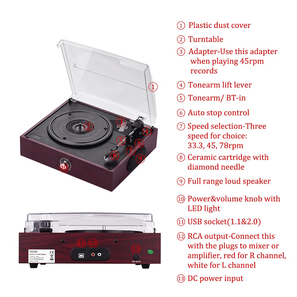 33/45/78 RPM 3-Speed Retro Phonographen Gramophone BT 4,2 Gürtel-Angetrieben Plattenspieler Schallplatte Player w/ 2 gebaut-in Stereo Lautsprecher