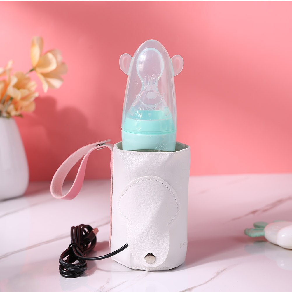 Usb babyflaskevarmervarmer bærbar lædermælkvarmervarmerflaske isoleret taske udendørs rejse spædbarn fodring flaske taske: Hvid