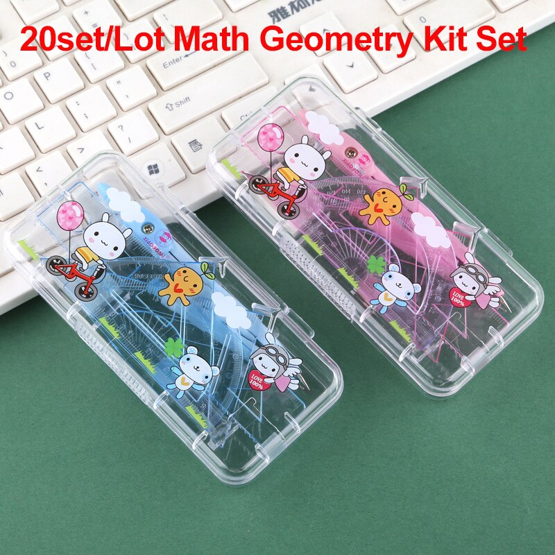 20set/Lot Math Geometry Kit Set 7PCS Student Supplies For Engineering Drawing Compass Protractor Ruler