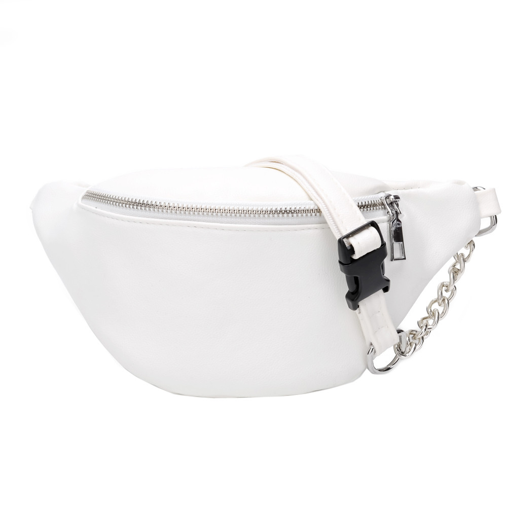 Chain Fanny Pack Banana Waist Bag Brand Belt Bag Women Waist Pack PU Leather Chest bag Belly Bag #GEX: White