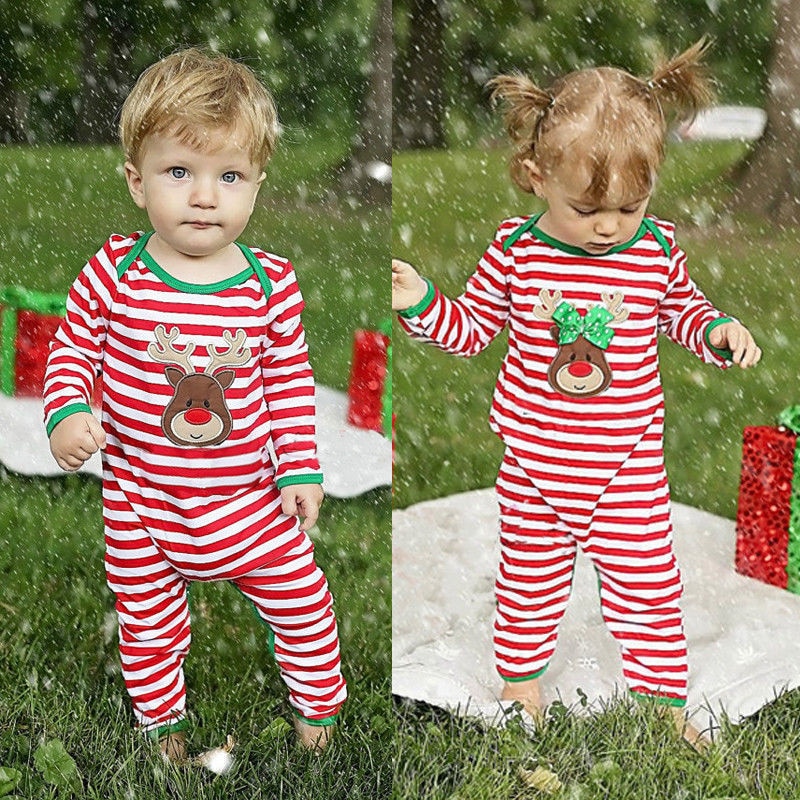 Adorável Listrado Pijama Sleepwear Algodão de Manga Longa Romper Roupas Natal Crianças Recém-nascidas Do Bebê Meninos Meninas Roupas 0-24 M