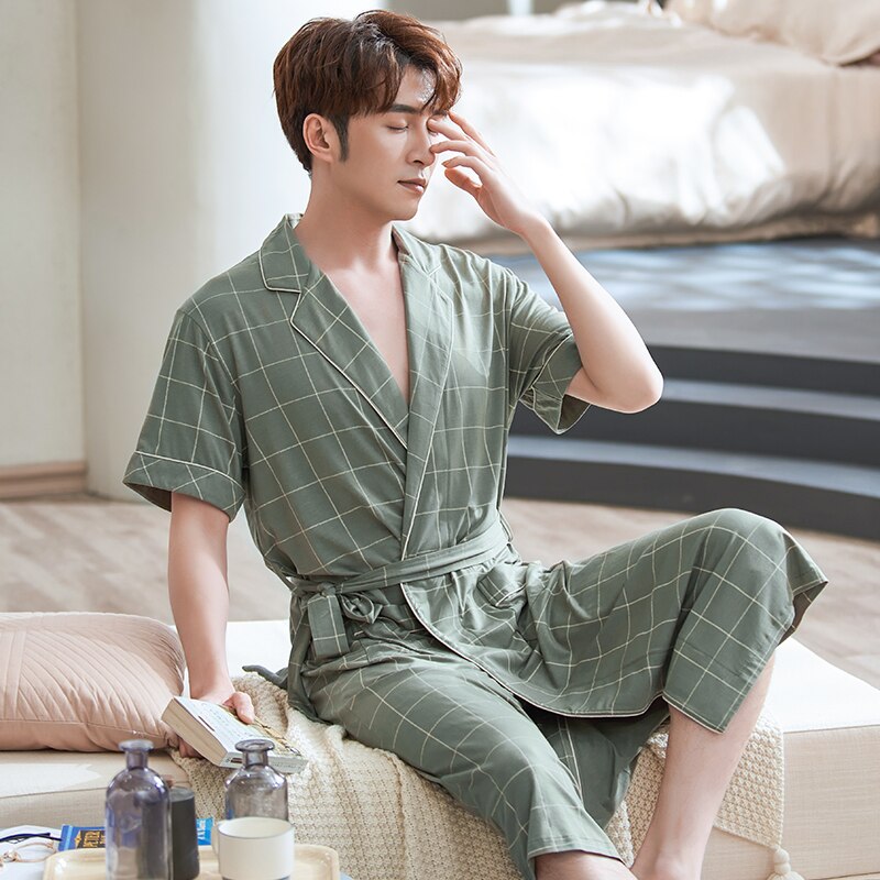 Zomer Mannen Korte Mouwen Robes Modal Katoen Lange Badjas Lounge Wear Thuis Gekleed Loungewear Nachtkleding Grote Werven Pyjama Gewaden