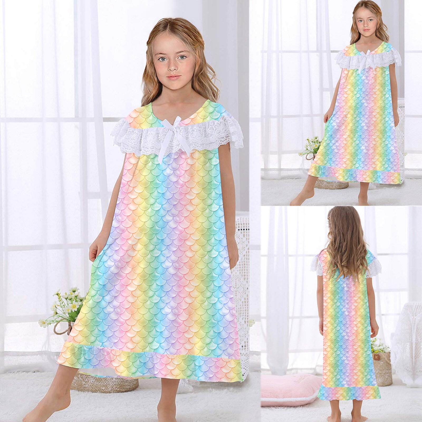 Girls Nightdress Short Sleeve Cute Princess Lace Cotton Sleep Dress Soft And Comfortable Breathable With Zipper On The Back: E / S