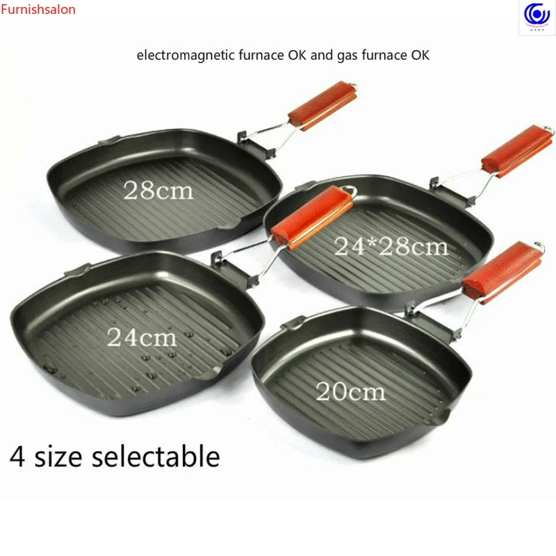 Stekpanna med dubbel botten, universaljärn, utomhus, hopfällbar non-stick-panna, stekpanna med randig hushållsstekpanna