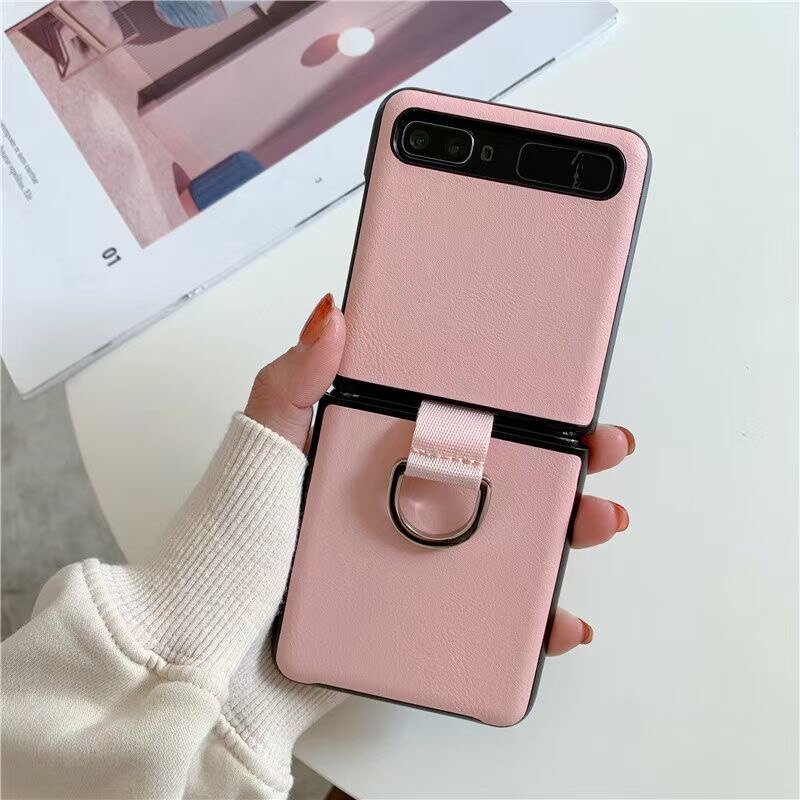 Caso anel para samsung galaxy z flip capa de fibra de carbono lychee padrão dedo anel fivela titular disco escudo para zflip moda: 3-Pink