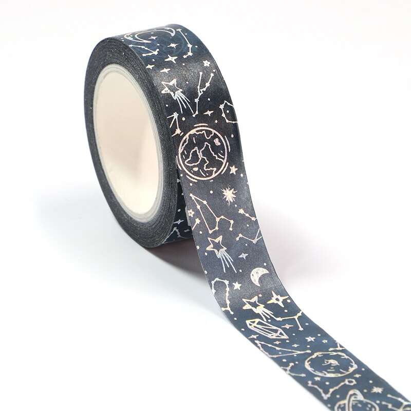 1Pc 15Mm * 10M Zilver Folie Sterrenhemel Maan Sterren Washi Tape Scrapbooking Masking Tape Kantoor lijm Kawaii Briefpapier