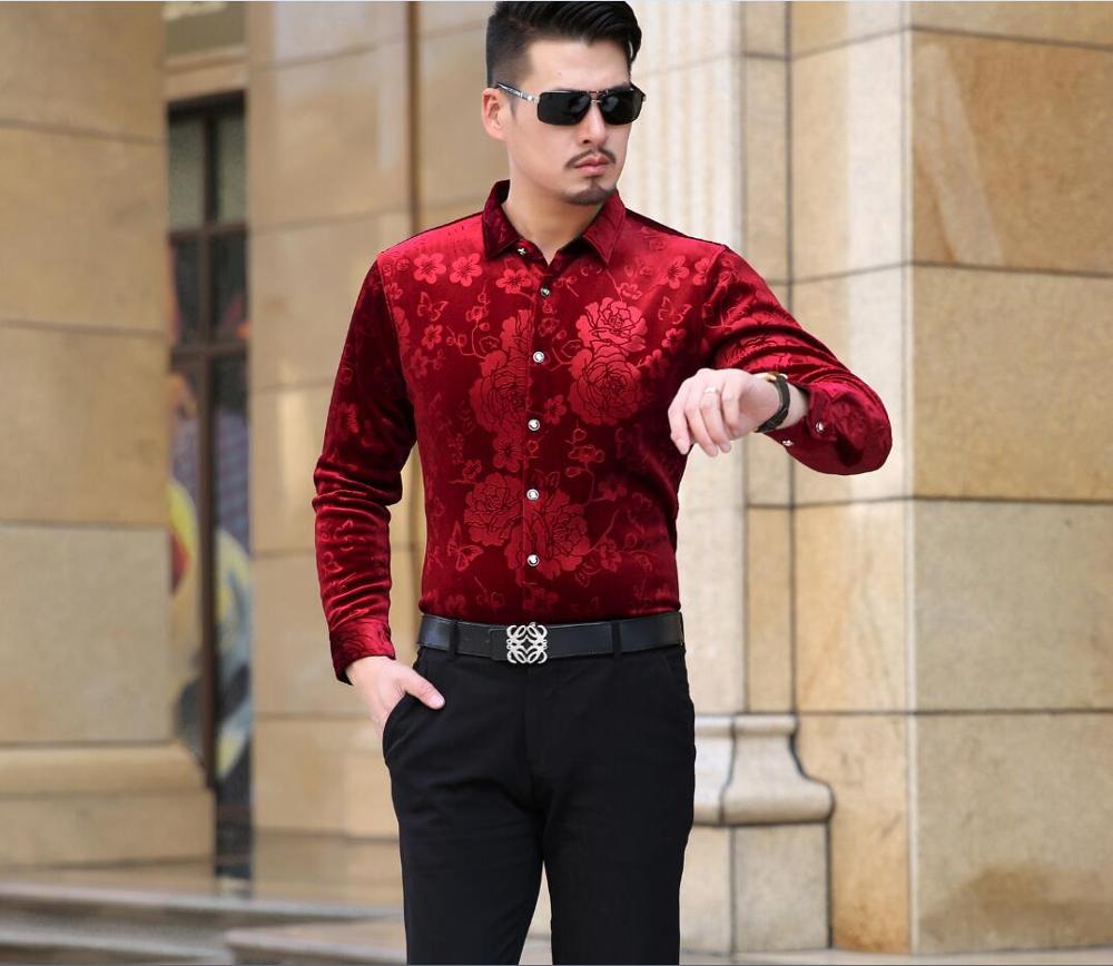 Heren fluwelen overhemd herfst & winter heren bloemen fluwelen overhemd lange mouw heren casual gouden fluwelen overhemden: Rood / Xxl