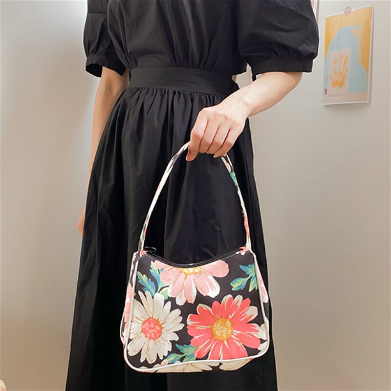 Vintage Canvas Ladies Underarm Armpit Bag Flower Pattern Women Purses and Handbags Girls Hobos Shoulder Bags Small Tote