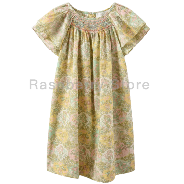 Pre April 26th Girls Gathered And Ruffled Dress Raspberry Camellia Pink BP Liberty Dress: Light yellow / 12