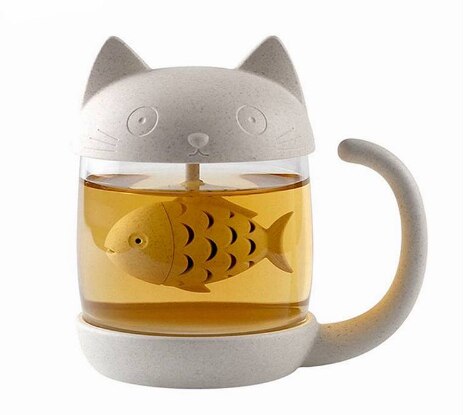 Cat/Monkey Glass Tea Mug Cup with Fish Tea Infuser Strainer Filter 250ML (White): Default Title