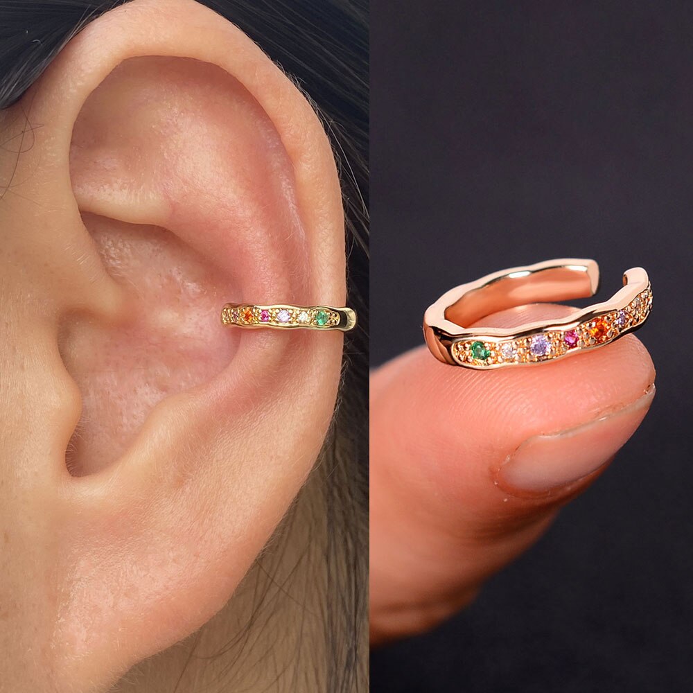 1pc nova chegada moda requintado arco-íris zircão orelha manguito brinco para a mulher geometria cristal sem piercing orelha clipe de jóias de verão: 10 gold