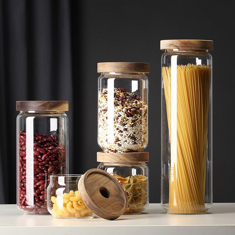 vershoudbakjes glazen potjes met deksel glass bottle Glas Opslag Noodle Opslagtank Grote Luchtdichte Tank Korrels Snacks Snoep Thee Moer Jam Hoge Borosilicate Acacia