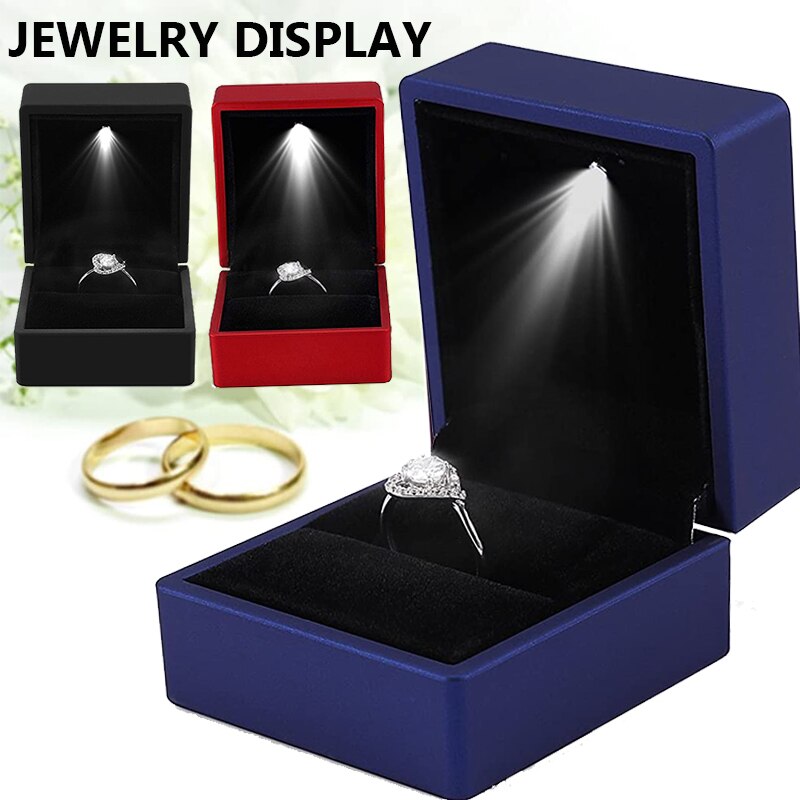 Led upplyst örhänge ring box vigselring lådor hänge halsband förvaringsfodral smycken display box födelsedag