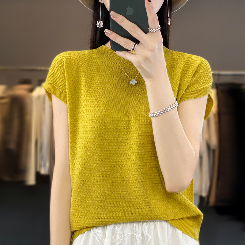 Neue Wolle Lyocell Kurzarm T-shirts Pullover frauen Oansatz Batwing Hülse Pullover Weste Sommer Gestrickte Bodenbildung T-shirt