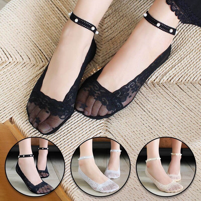 Calcetines cortos transpirables de encaje Floral para mujer, medias finas suaves de estilo coreano, con perlas, para primavera y verano, 1 par