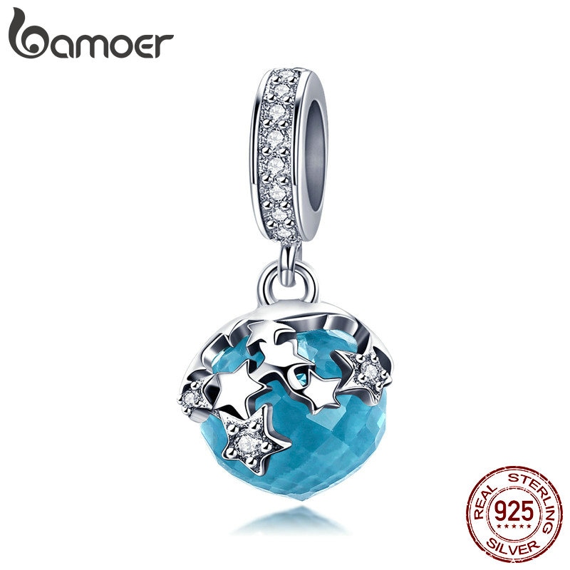 BAMOER di Alta Qualità 925 Sterling Silver Dazzling star Pendenti e Ciondoli Fit Braccialetti con ciondoli di Cristallo Blu Del Pendente Monili Che Fanno BSC029