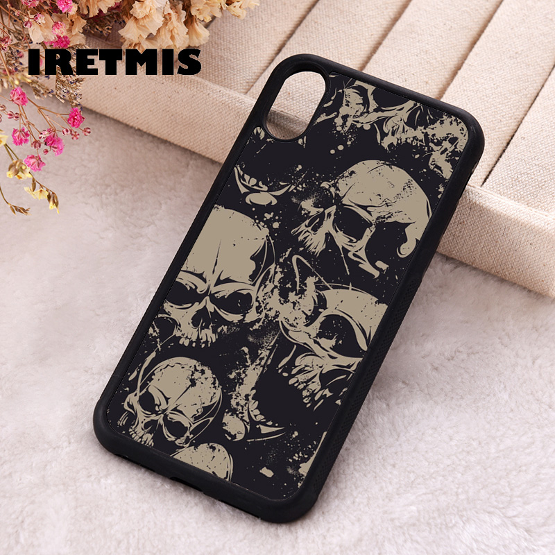 Custodia protettiva per telefono Iretmis per iPhone X XS Max XR 11 12 13 PRO MINI 14 15 16 Plus Gomma siliconica Grunge Modello teschio