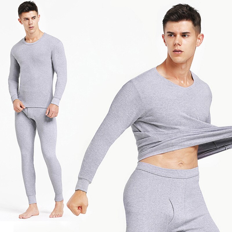 Autumn Winter Pure Cotton Thermal Underwear Men Basic Base Cotton Sweater Long Johns Suit Men Thermal Set Compression: Shallow hemp grey / L