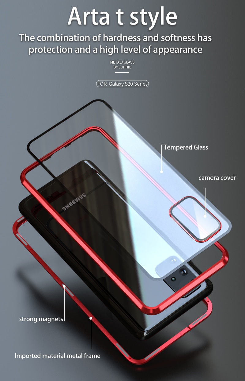 Di lusso Adsorbimento Magnetico Della Copertura Posteriore per Samsung Galaxy S20 Ultra S20 Plus Vetro Temperato Built-in Magnete Del Respingente Del Metallo caso