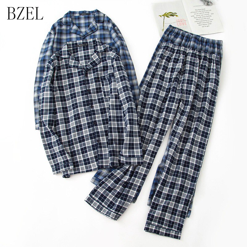 BZEL Long Sleeve Pajama Set Cotton Man Sleepwear Plaid Pyjamas Turn-down Collar Homewear Tops+Pants Pijama Men Sleep Lounge 2PCS