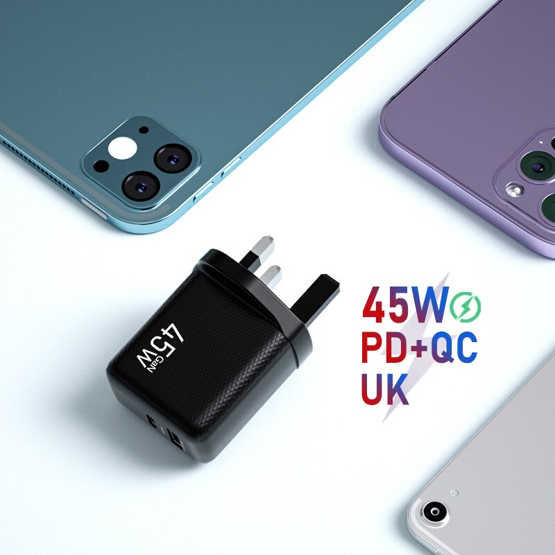 Ładowarka sieciowa 45W GaN ładowarka USB szybka ładowarka do telefonu iPhone Samsung iPad Laptop PD USB C szybka ładowarka 3.0 typ C Adapter: Black UK 45W GaN