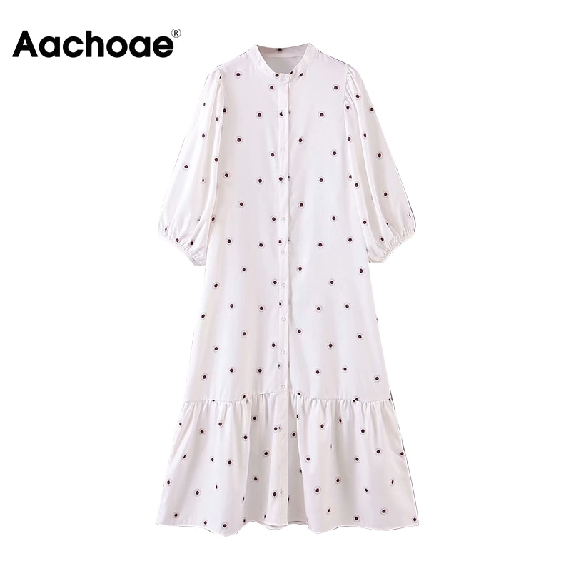 Aachoae kvinnor löst tryck vit klänning o hals lykta halvärm casual midiklänning kvinnlig plus size dam veckade klänningar vestido