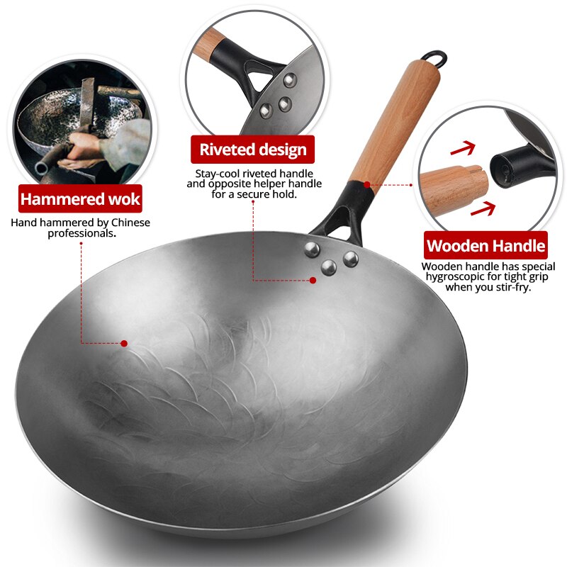 Casserole chinoise en fonte de 34CM, Wok à fond rond antiadhésif Non revêtu avec manche en bois de hêtre pour cuisinière à gaz, ustensiles de cuisine
