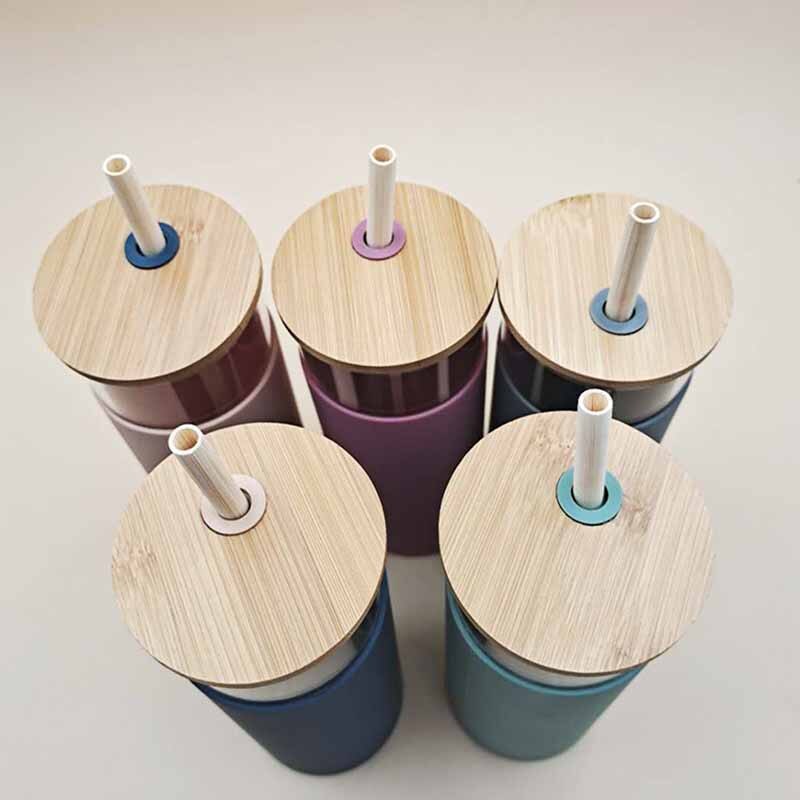 550ml bambu lock glas vatten te tumblers glasflaska med silikon hylsa te kaffe dricksflaska med sugrör