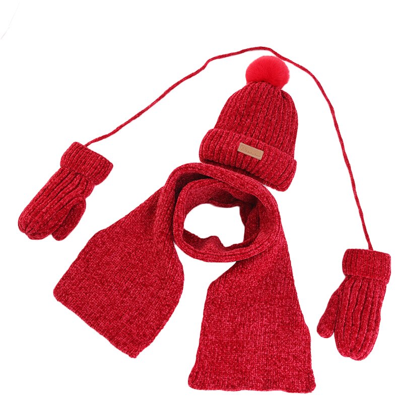 Gorro y bufanda para bebé de 1 a 5 años, traje de 3 piezas, invierno, cálido, Chenille, Slouchy, gorro y bufanda para niños y niñas, novedad: Rojo