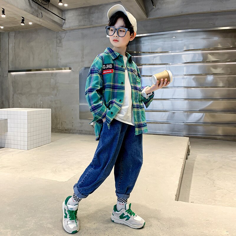 Kinderen Plaid Shirts Lange Mouw Tops Voor Jongens Tiener Casual Kleding Kids Cotton Turn-Down Kraag Lente Kostuum 6 8 10 12Y