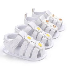 Sandales pour -né, semelle en coton antidérapante, motif de fleurs blanches, chaussures d'été pour les premiers pas des bébés de 0 à 2 ans