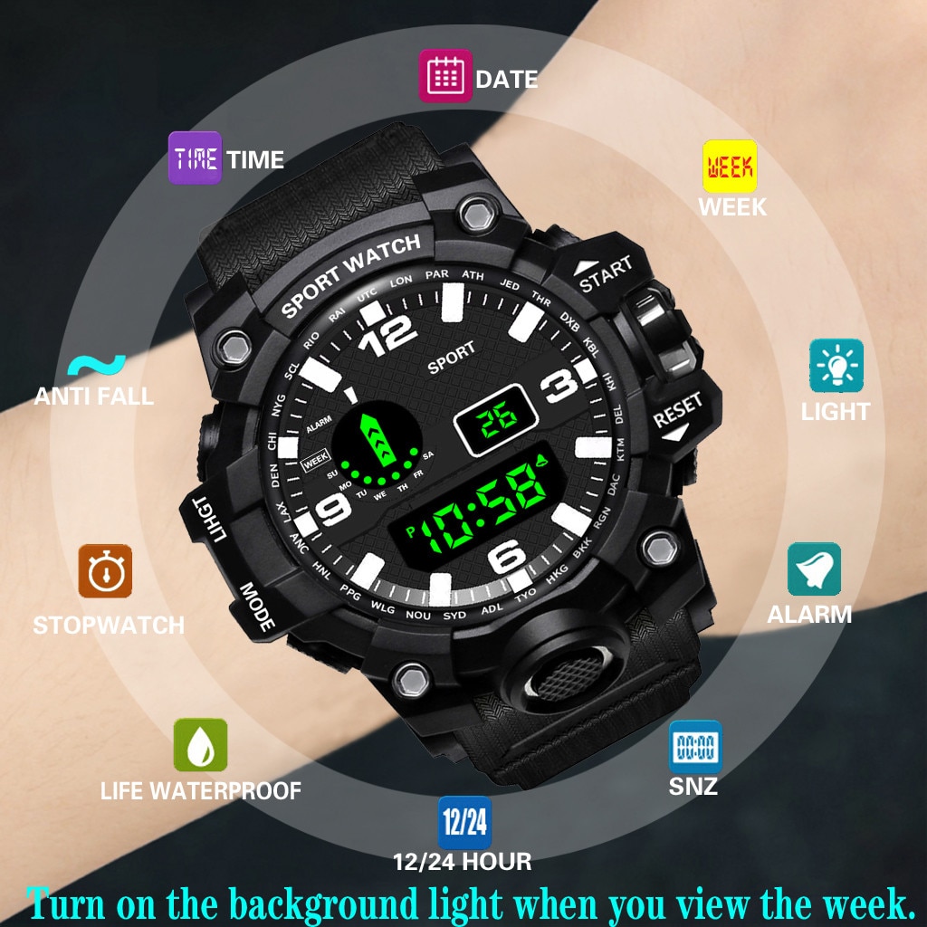 Honhx Luxe Horloge Mannen Reloj Hombre Digitale Led Horloges Datum Sport Mannen Outdoor Montre Elektronische Horloge Relogio Masculino: Black