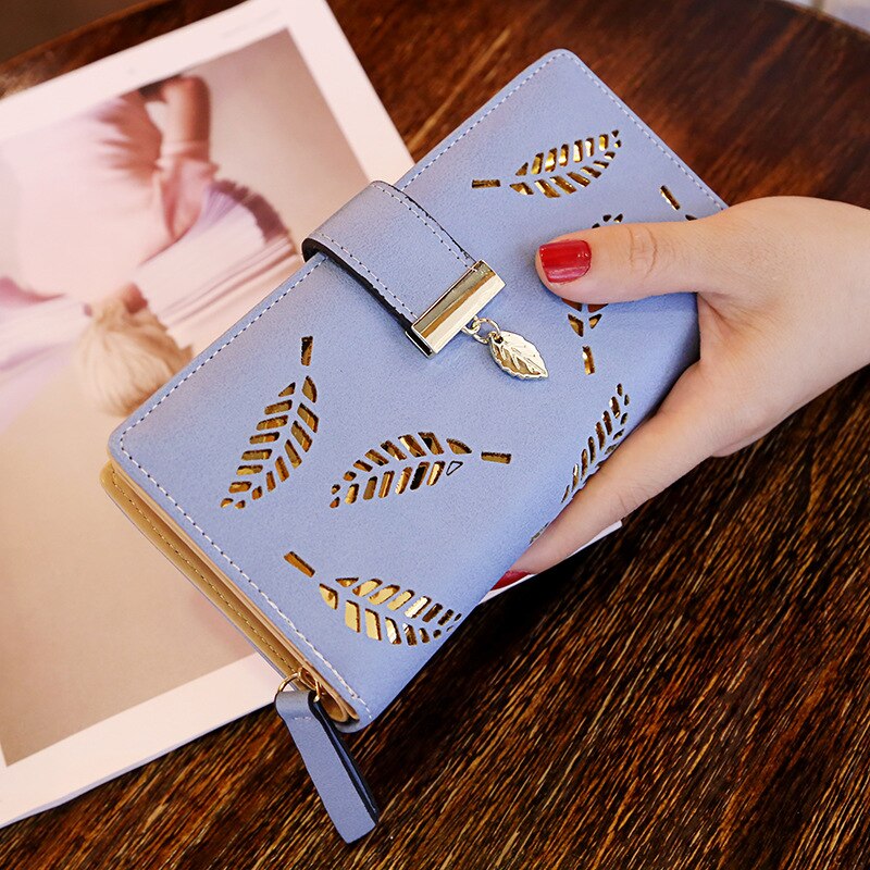 Women Wallet PU Leather Purse Female Long Wallet Gold Hollow Leaves Pouch Handbag For Women Coin Purse Card Holders Clutch: Blue